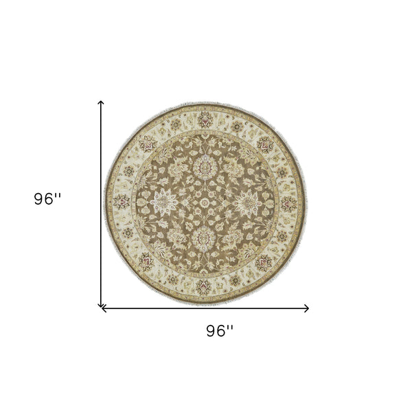 Homeroots 8' Brown Gold And Tan Wool Oriental Hand Knotted Round Rug Brown Wool 567890