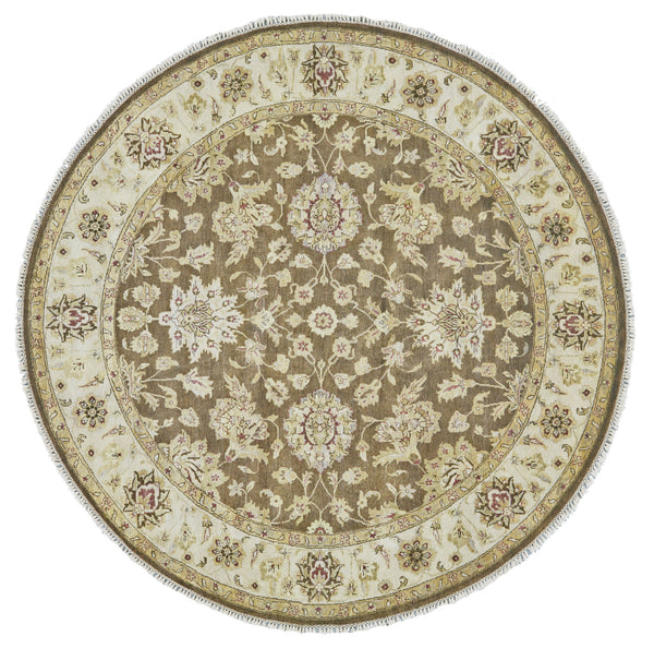 Homeroots 8' Brown Gold And Tan Wool Oriental Hand Knotted Round Rug Brown Wool 567890