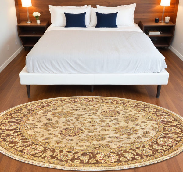 Homeroots 8' Ivory Gold And Brown Wool Oriental Hand Knotted Round Rug Ivory Wool 567891