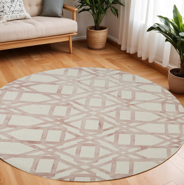 HomeRoots 4' Wool Geometric Area Rug in Ivory, Pink, and Tan - Stylish, Durable, and Perfect for Any Space 10' Round 567897