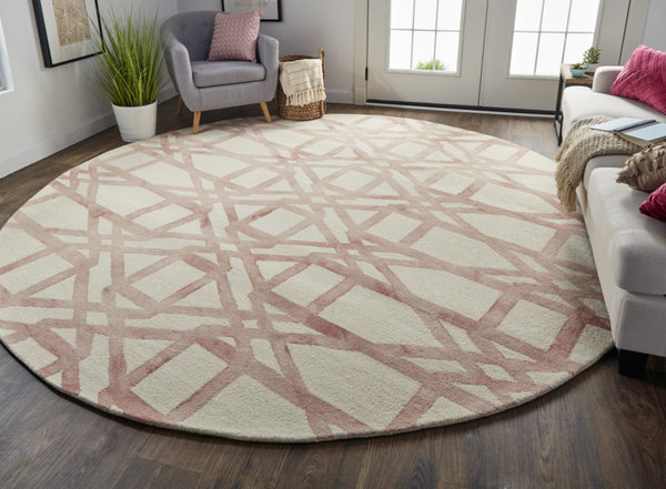 HomeRoots 4' Wool Geometric Area Rug in Ivory, Pink, and Tan - Stylish, Durable, and Perfect for Any Space 10' Round 567897