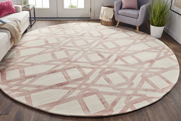 HomeRoots 4' Wool Geometric Area Rug in Ivory, Pink, and Tan - Stylish, Durable, and Perfect for Any Space 10' Round 567897