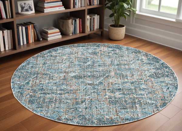 HomeRoots 9' Abstract Blue Taupe and Ivory Power Loomed Rug - Stylish, Durable Design for Modern Living Spaces 9' Round 567898
