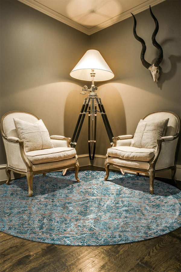 HomeRoots 9' Abstract Blue Taupe and Ivory Power Loomed Rug - Stylish, Durable Design for Modern Living Spaces 9' Round 567898