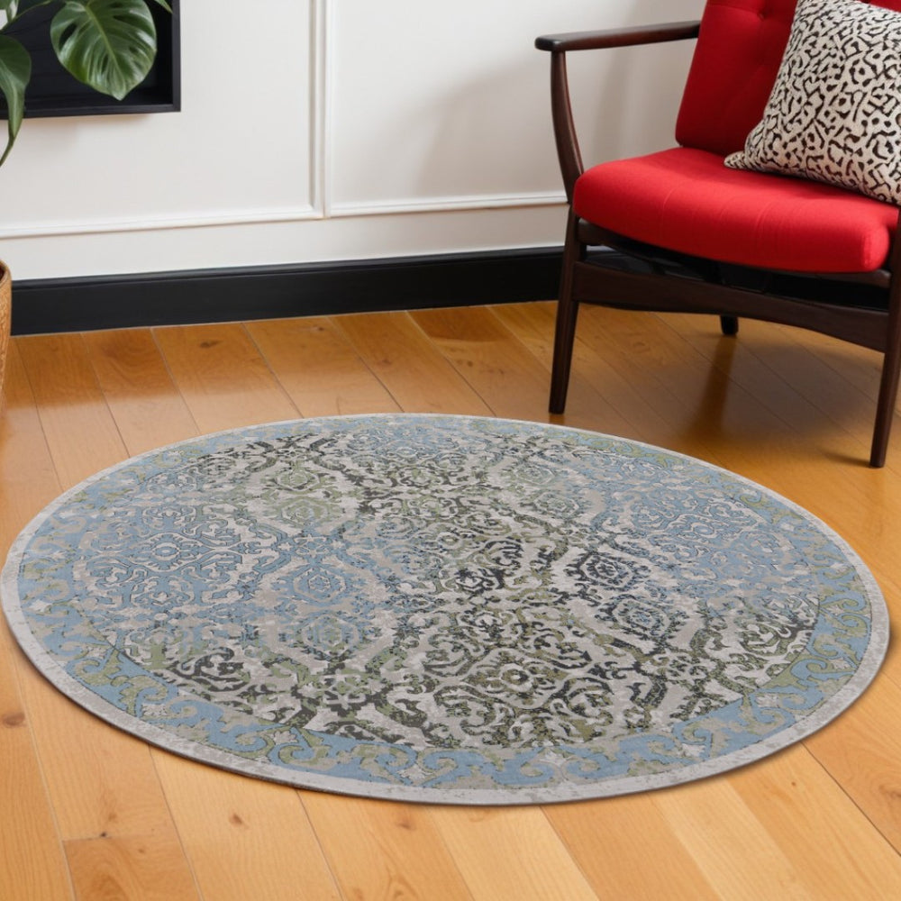 HomeRoots 8' Vintage-Inspired Blue Green and Gray Floral Power Loom Rug for Elegant Home Décor and Comfort 8' Round 567899