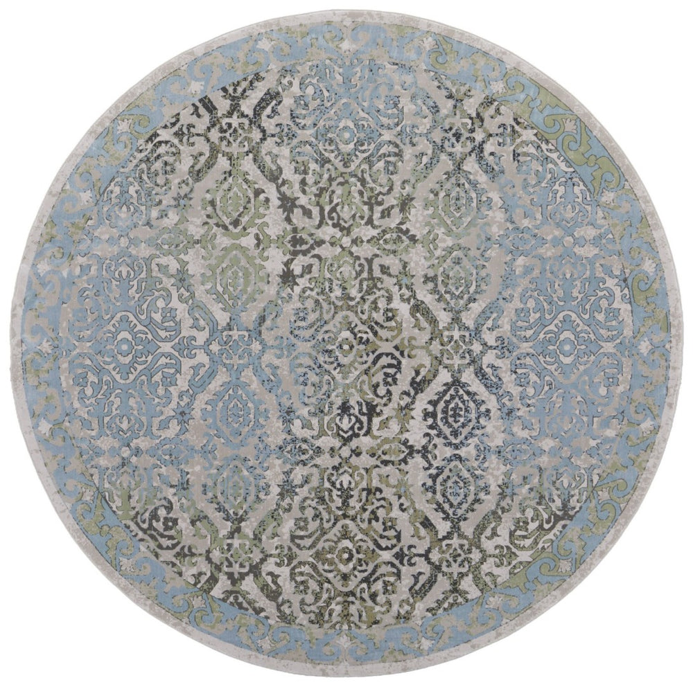 HomeRoots 8' Vintage-Inspired Blue Green and Gray Floral Power Loom Rug for Elegant Home Décor and Comfort 8' Round 567899