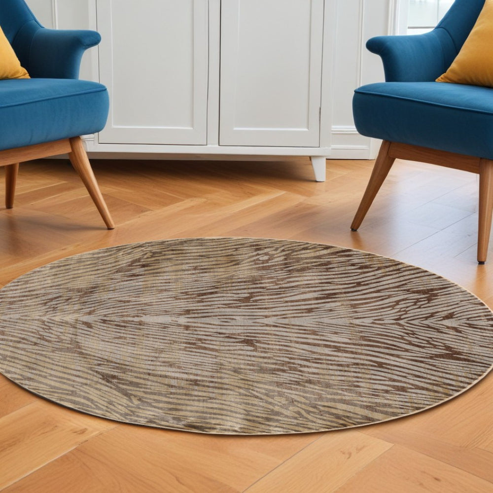 HomeRoots 8' Animal Print Round Rug - Stylish Geometric Design with Stain Resistance for Family Spaces & Dining Brown 567900