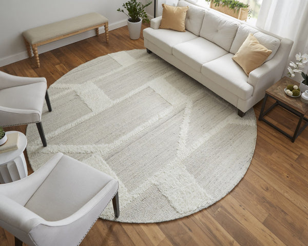 HomeRoots 4' Hand-Woven Wool Area Rug – Elegant Tan and Ivory Geometric Design for Cozy Living Spaces 9' Round 567905