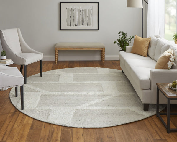 HomeRoots 4' Hand-Woven Wool Area Rug – Elegant Tan and Ivory Geometric Design for Cozy Living Spaces 9' Round 567905