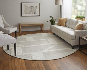 HomeRoots 4' Hand-Woven Wool Area Rug – Elegant Tan and Ivory Geometric Design for Cozy Living Spaces 9' Round 567905