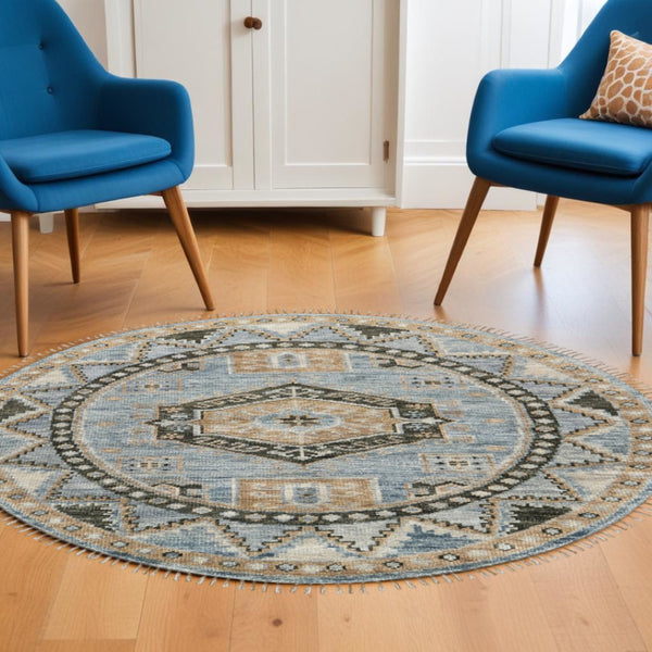 HomeRoots 3' Hand-Knotted Wool Oriental Area Rug in Ivory Tan and Blue – Elegant, Stain-Resistant Design 8' Round 567906