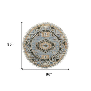 HomeRoots 3' Hand-Knotted Wool Oriental Area Rug in Ivory Tan and Blue – Elegant, Stain-Resistant Design 8' Round 567906
