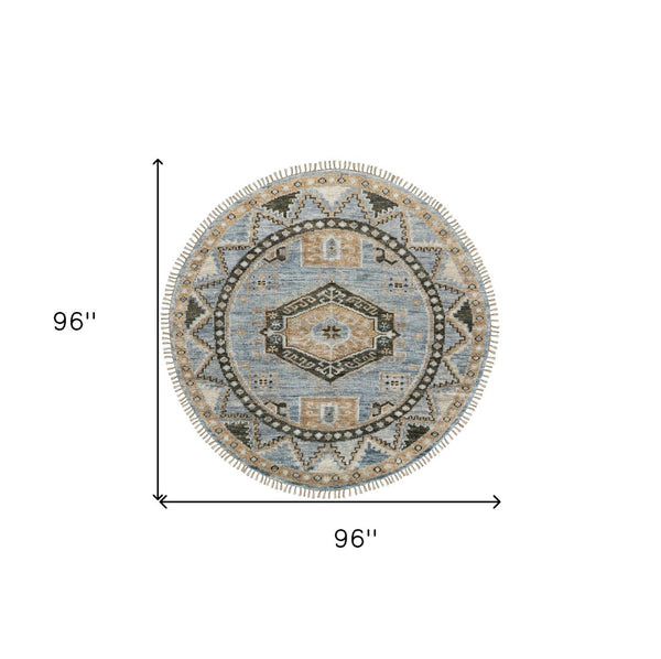 HomeRoots 3' Hand-Knotted Wool Oriental Area Rug in Ivory Tan and Blue – Elegant, Stain-Resistant Design 8' Round 567906
