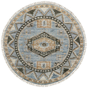 HomeRoots 3' Hand-Knotted Wool Oriental Area Rug in Ivory Tan and Blue – Elegant, Stain-Resistant Design 8' Round 567906