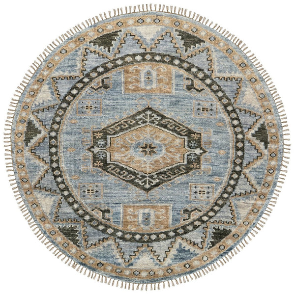 HomeRoots 3' Hand-Knotted Wool Oriental Area Rug in Ivory Tan and Blue – Elegant, Stain-Resistant Design 8' Round 567906