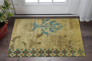HomeRoots 4' Hand-Knotted Floral Area Rug in Tan, Blue, and Brown – Artisanal Elegance for Any Space 2' X 3' 567908