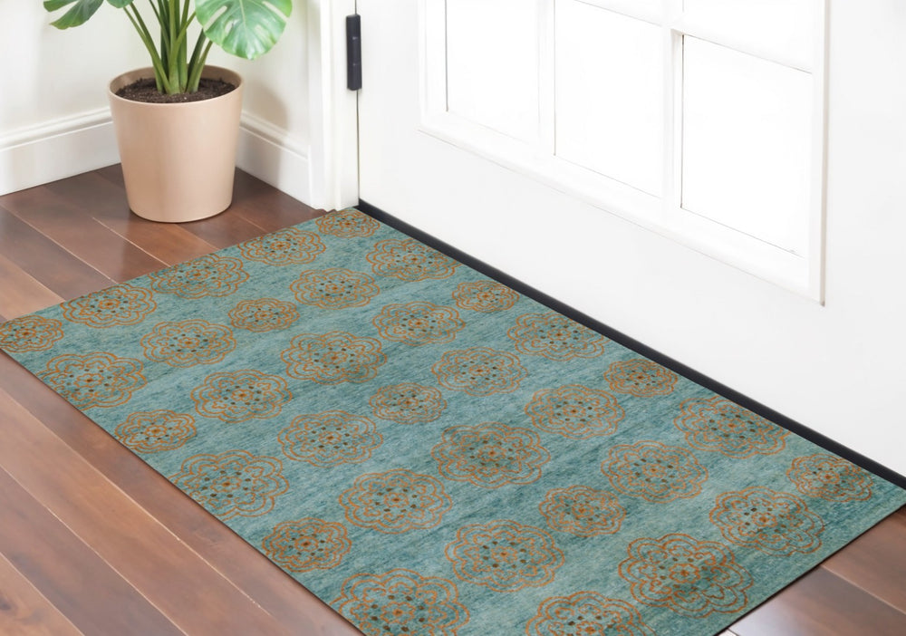 HomeRoots 4' Hand-Knotted Floral Area Rug in Muted Green, Blue & Taupe – Vintage Charm for Any Space 2' X 3' 567909