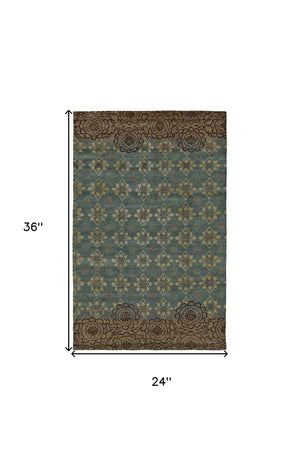 HomeRoots 6' Hand-Knotted Floral Area Rug in Green, Blue, and Brown - Timeless Elegance for Any Room 2' X 3' 567910