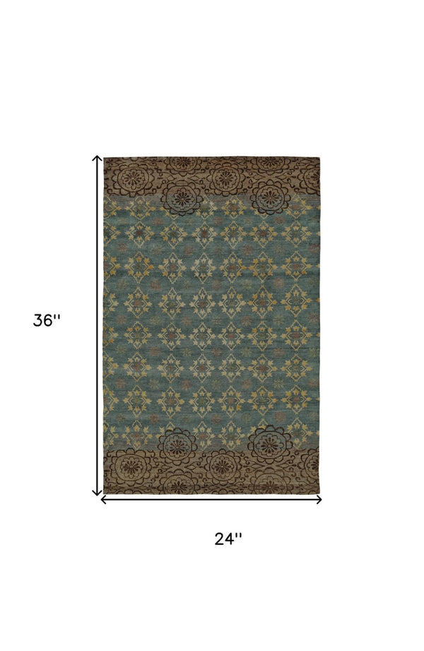 HomeRoots 6' Hand-Knotted Floral Area Rug in Green, Blue, and Brown - Timeless Elegance for Any Room 2' X 3' 567910