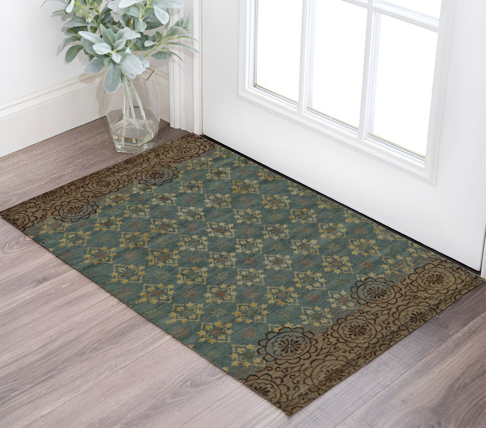 HomeRoots 6' Hand-Knotted Floral Area Rug in Green, Blue, and Brown - Timeless Elegance for Any Room 2' X 3' 567910