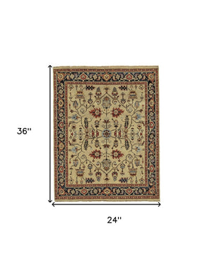 HomeRoots 2' X 3' Elegant Hand-Knotted Wool Oriental Area Rug in Tan, Red, and Gold for Timeless Decor Gray 567911