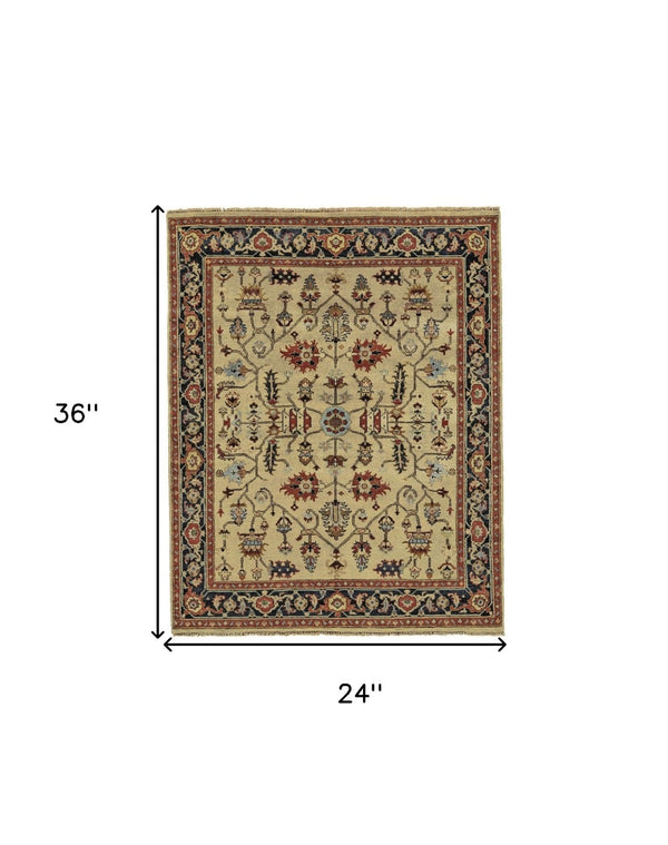 HomeRoots 2' X 3' Elegant Hand-Knotted Wool Oriental Area Rug in Tan, Red, and Gold for Timeless Decor Gray 567911