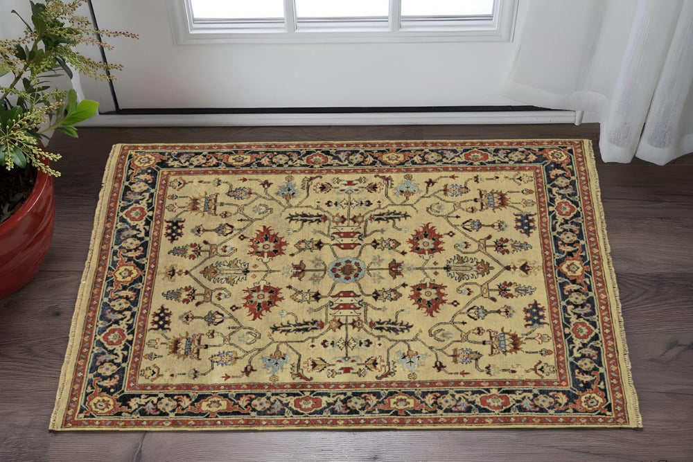 HomeRoots 2' X 3' Elegant Hand-Knotted Wool Oriental Area Rug in Tan, Red, and Gold for Timeless Decor Gray 567911