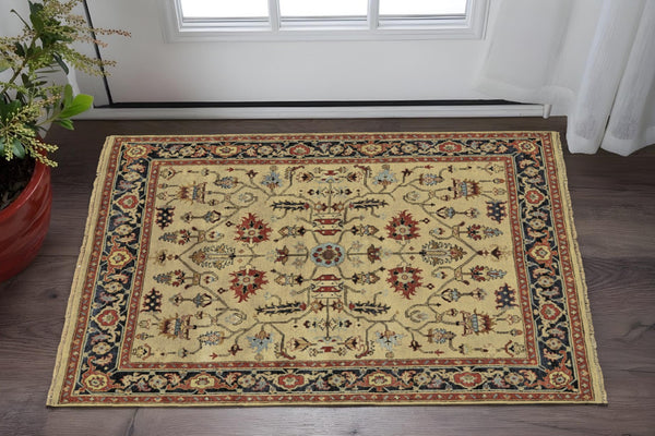 HomeRoots 2' X 3' Elegant Hand-Knotted Wool Oriental Area Rug in Tan, Red, and Gold for Timeless Decor Gray 567911