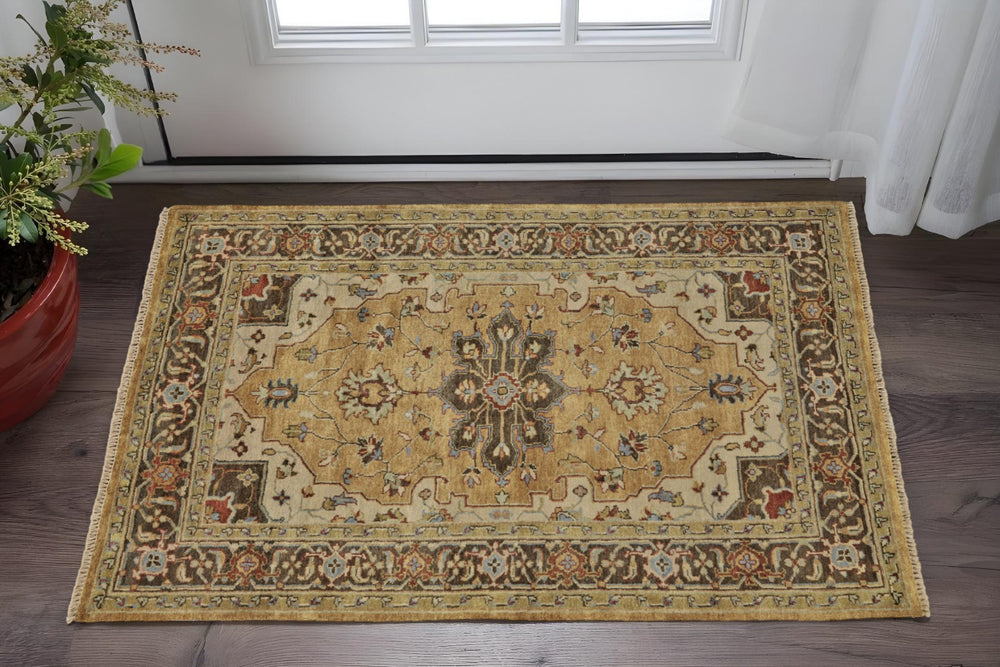HomeRoots 2' X 3' Hand-Knotted Wool Oriental Area Rug in Tan and Gold - Timeless Style for Any Space Gray 567912