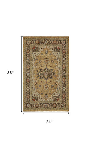 HomeRoots 2' X 3' Hand-Knotted Wool Oriental Area Rug in Tan and Gold - Timeless Style for Any Space Gray 567912