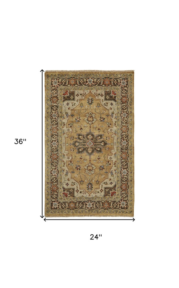 HomeRoots 2' X 3' Hand-Knotted Wool Oriental Area Rug in Tan and Gold - Timeless Style for Any Space Gray 567912
