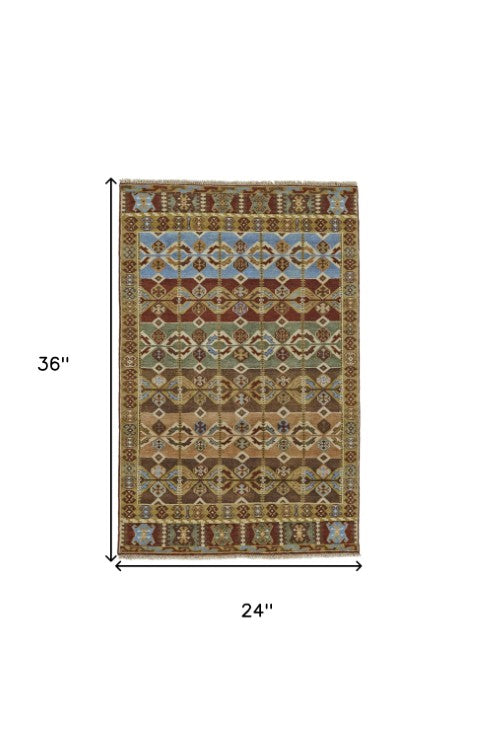 Homeroots 2' Hand Knotted Wool Southwestern Area Rug - Unique Red, Blue & Brown Design For Any Space 2' X 3' Wool 567914