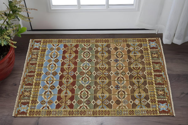 Homeroots 2' Hand Knotted Wool Southwestern Area Rug - Unique Red, Blue & Brown Design For Any Space 2' X 3' Wool 567914
