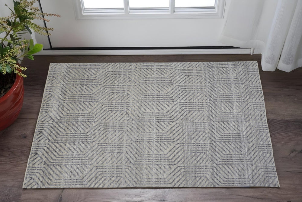 HomeRoots 5' Geometric Hand-Knotted Wool Area Rug - Stylish Tan and Gray Design for Modern Living Spaces 2' X 3' 567935
