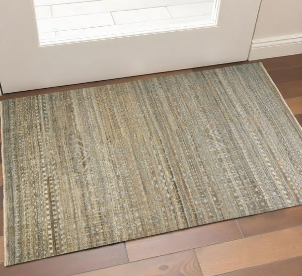 HomeRoots 4' Gold and Tan Geometric Hand-Knotted Area Rug - Timeless, Unique Design for Modern Elegance 2' X 3' 567942