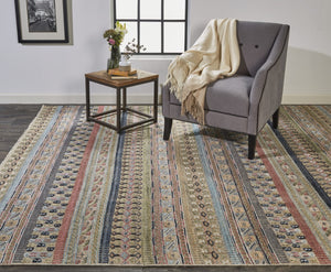 HomeRoots 6' Hand-Knotted Area Rug with Timeless Tan, Blue, and Orange Stripes for Cozy Home Decor 2' X 3' 567943