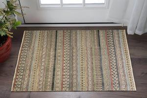 HomeRoots 6' Hand-Knotted Area Rug with Timeless Tan, Blue, and Orange Stripes for Cozy Home Decor 2' X 3' 567943