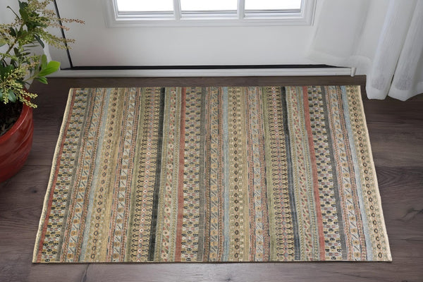 HomeRoots 6' Hand-Knotted Area Rug with Timeless Tan, Blue, and Orange Stripes for Cozy Home Decor 2' X 3' 567943