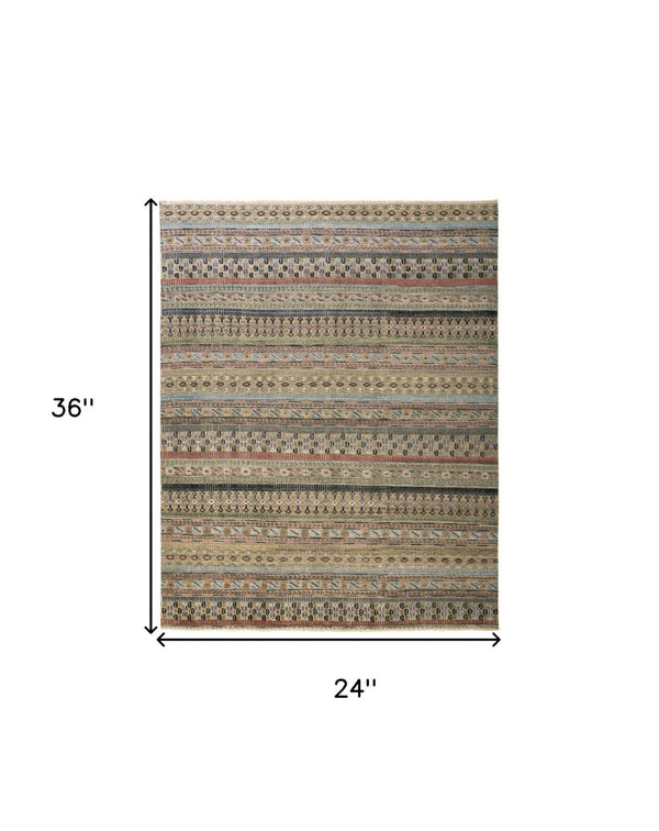 HomeRoots 6' Hand-Knotted Area Rug with Timeless Tan, Blue, and Orange Stripes for Cozy Home Decor 2' X 3' 567943