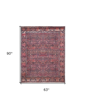 HomeRoots 5' Elegant Damask Area Rug in Red, Gray, and Orange – Durable, Washable, and Vintage-Inspired Design 5' X 8' 567984