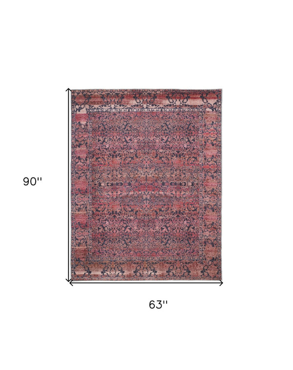 HomeRoots 5' Elegant Damask Area Rug in Red, Gray, and Orange – Durable, Washable, and Vintage-Inspired Design 5' X 8' 567984