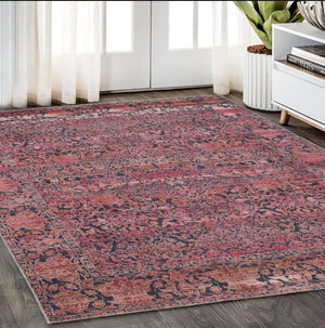 HomeRoots 5' Elegant Damask Area Rug in Red, Gray, and Orange – Durable, Washable, and Vintage-Inspired Design 5' X 8' 567984