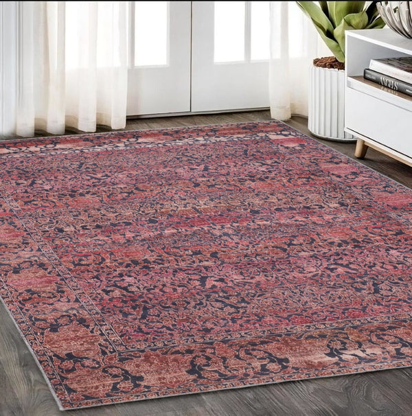 HomeRoots 5' Elegant Damask Area Rug in Red, Gray, and Orange – Durable, Washable, and Vintage-Inspired Design 5' X 8' 567984