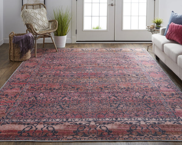 HomeRoots 5' Elegant Damask Area Rug in Red, Gray, and Orange – Durable, Washable, and Vintage-Inspired Design 5' X 8' 567984