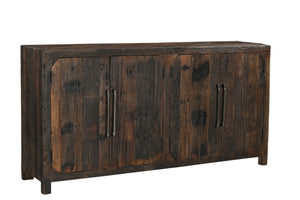HomeRoots 72" Rustic Dark Brown Distressed Reclaimed Wood Sideboard - Stylish Storage with Four Doors & Shelves 567987