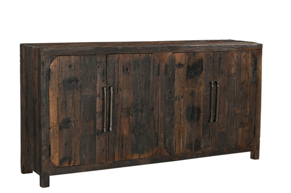 HomeRoots 72" Rustic Dark Brown Distressed Reclaimed Wood Sideboard - Stylish Storage with Four Doors & Shelves 567987