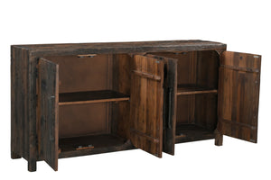 HomeRoots 72" Rustic Dark Brown Distressed Reclaimed Wood Sideboard - Stylish Storage with Four Doors & Shelves 567987