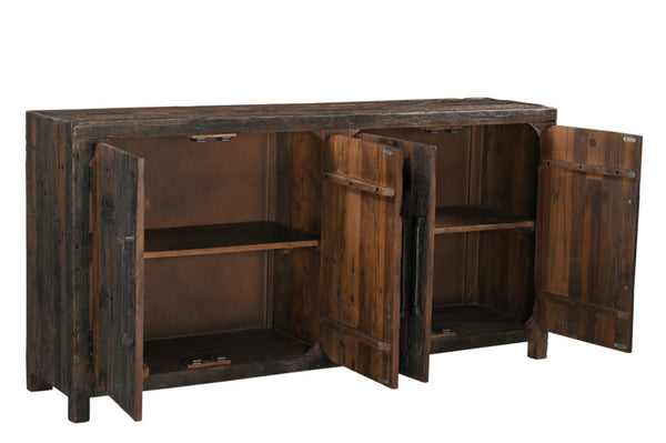 HomeRoots 72" Rustic Dark Brown Distressed Reclaimed Wood Sideboard - Stylish Storage with Four Doors & Shelves 567987