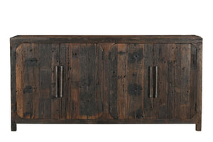 HomeRoots 72" Rustic Dark Brown Distressed Reclaimed Wood Sideboard - Stylish Storage with Four Doors & Shelves 567987