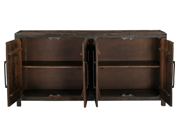 HomeRoots 72" Rustic Dark Brown Distressed Reclaimed Wood Sideboard - Stylish Storage with Four Doors & Shelves 567987